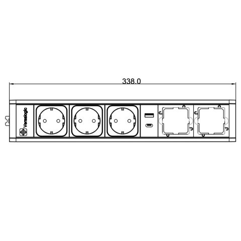 Розетковий блок ASA VersaTek 3x220+1USB 5V з двома вільними тунелями, алюміній (061.00F.00020)
